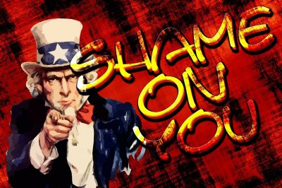 Uncle Sam pointing towards the reader with the words "shame on you" next to him to represent the shame that doctor should feel for their behaviour