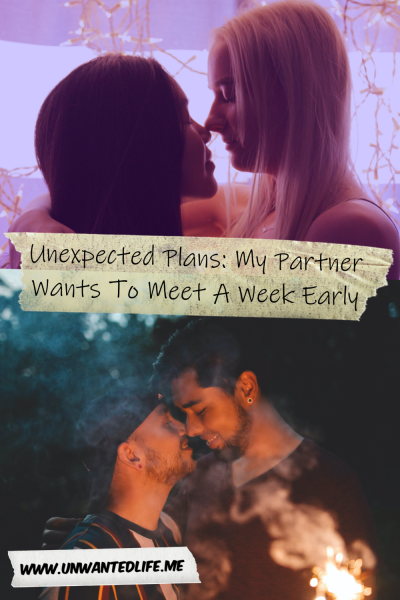The picture is split in two with the top image being of a lesbian couple embracing each other and the bottom image is of a gay couple embracing. The two images are separated by the article title - Unexpected Plans: My Partner Wants To Meet A Week Early