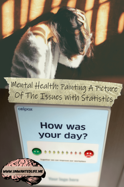 The picture is split in two with the top image being of an a woman with her head in her hands and the bottom image being of a "how well are we doing?" rating machine. The two images are separated by the article title - Mental Health: Painting A Picture Of The Issues With Statistics