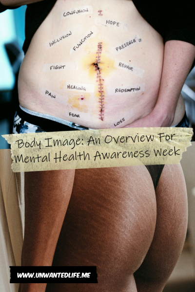 The picture is split in two with the top image being of an a woman's scared stomach with hurtful words wrote around it and the bottom image being of a black woman's stretch marked bum. The two images are separated by the article title -Body Image: An Overview For Mental Health Awareness Week