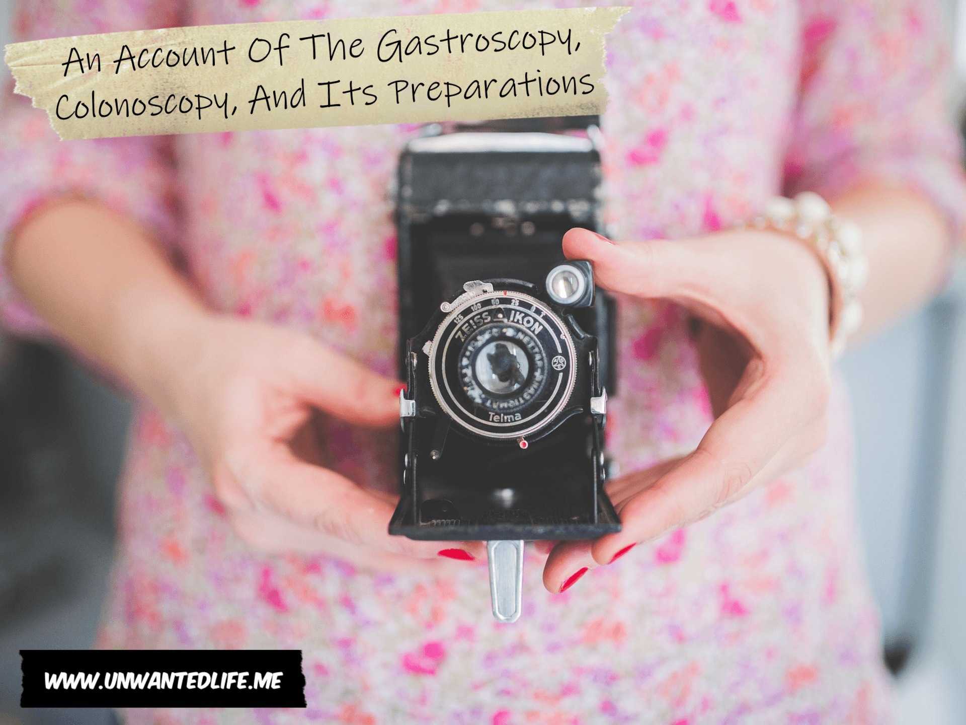 A photo of a woman's torso in a dress who's hold an old camera towards to camera for the photo. The article title - An Account Of The Gastroscopy, Colonoscopy, And Its Preparations - is in the top left corner of the image