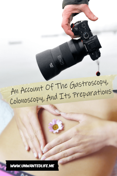 The picture is split in two with the top image being of a a big camera being held by a white mans hand and the bottom image being of a white woman's stomach with her hand place on it in the shape of a heart with a daisy in her belly button. The two images are separated by the article title - An Account Of The Gastroscopy, Colonoscopy, And Its Preparations