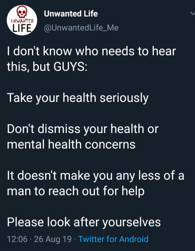 A screenshot of an Unwanted Life tweet about taking your health seriously for world suicide prevention day/month