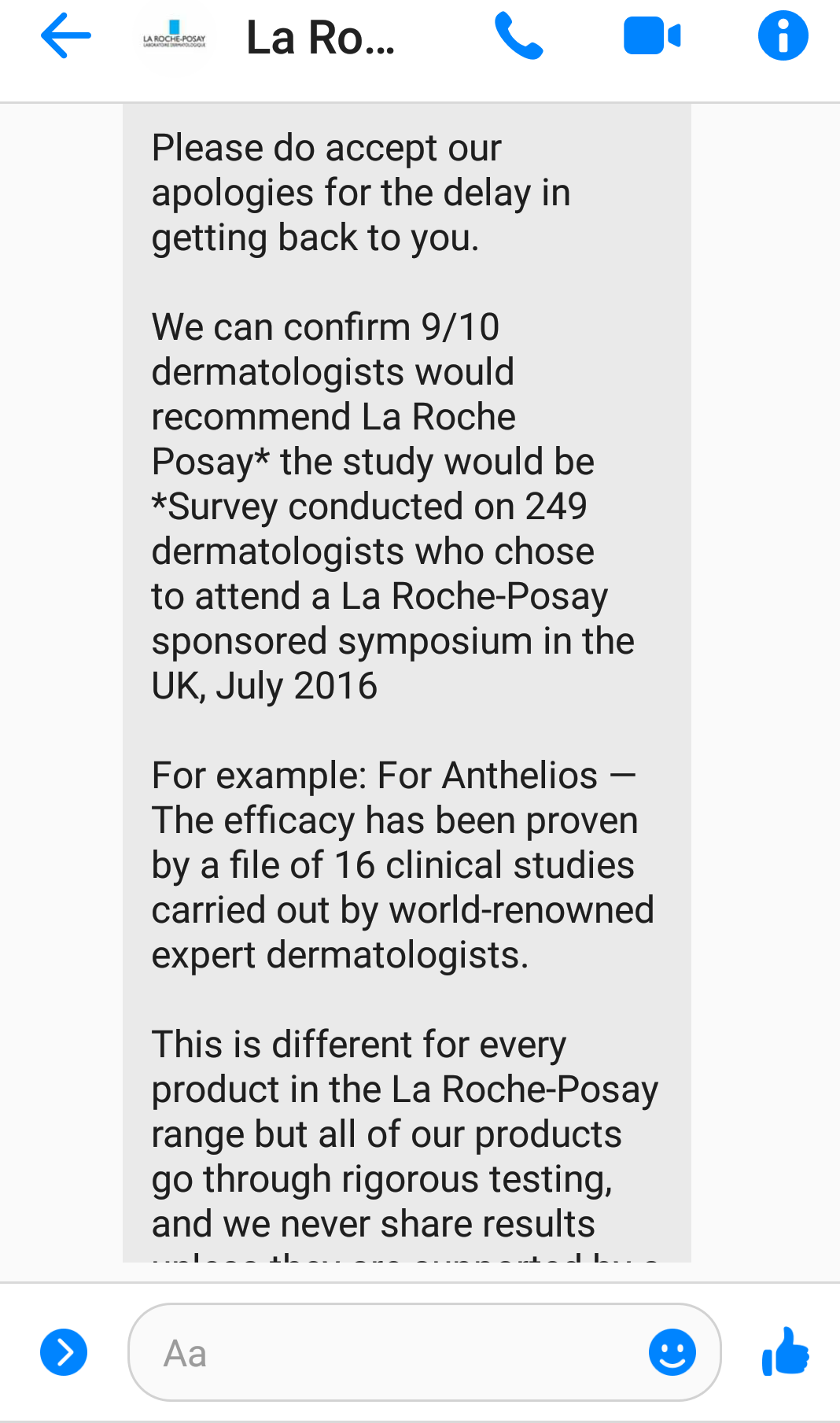 A screenshot of my social media conversation with La Roche-Posay to represent the topic of the article - A Moisturiser Review: Complex Skin And Mental Health