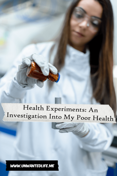 A photo of a white woman technician wearing white mixing compounds with the article title - Health Experiments: An Investigation Into My Poor Health - across the middle of the image