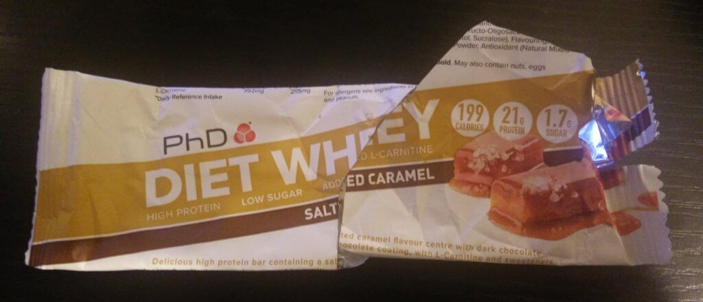 A photo of the PhD Diet Whey salted caramel bar