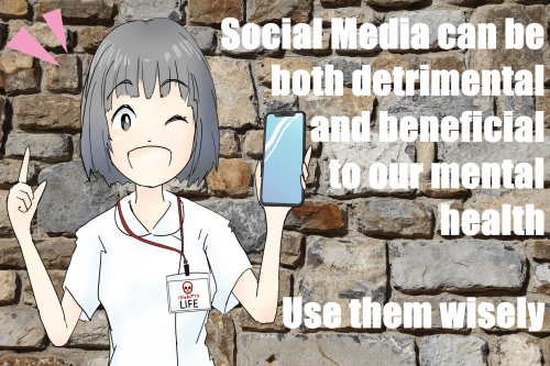 A female Anime character in a medical uniform used to create an image to warn about the pros and cons of social media use on our mental health