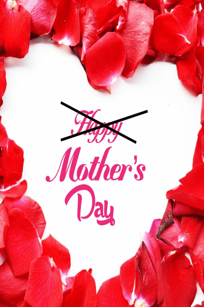 An image of rose petals made into a heart shape with the words Happy Mother's Day written in the middle, but with happy crossed out