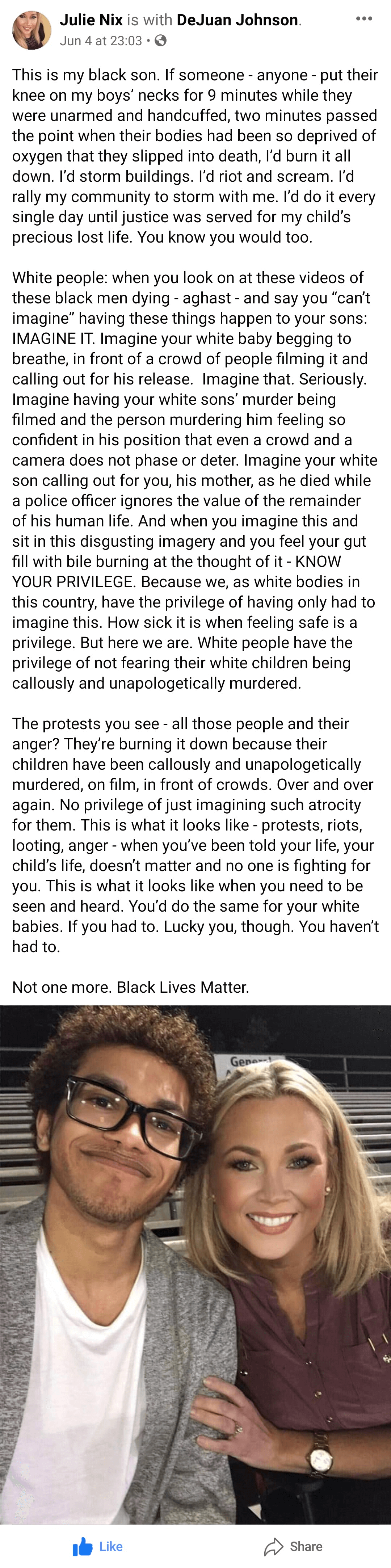 A Facebook post about another white mother with a black son which shows the way I wish my mum would have reacted to represent the topic of the article - Black Lives Matter: A Letter To My Mum