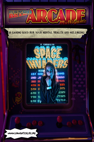A picture of a retro arcade machine with Space Invaders on the machine and a girl overlaying the screen to represent the topic of the article - Is Gaming Good For Your Mental Health And Wellbeing