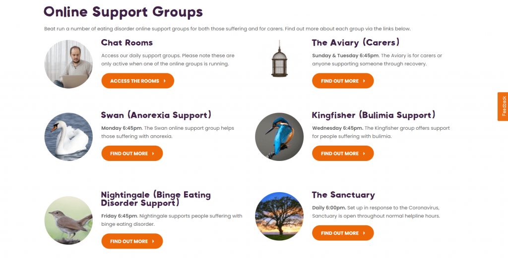 A screenshot of Beat Eating Disorders six online support groups