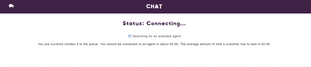 A screenshot of the "searching for an agent" screen to show the wait time for using Beat Eating Disorders webchat service