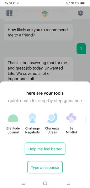 Screenshot of the other features on the app to represent the article title - Woebot: How Good Is Their Wellness App? | A Review