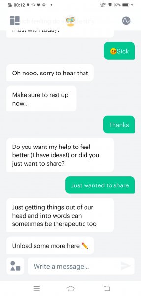 A screenshot of my Woebot app chat dialogue to represent the topic of the article - Woebot: How Good Is Their Wellness App? | A Review
