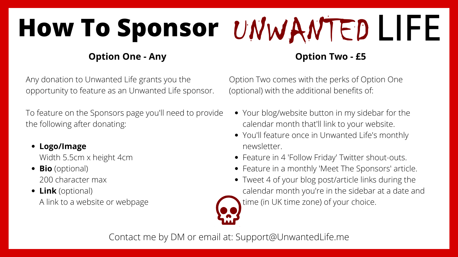 This image outlines how to sponsor Unwanted Life and the perks you get in return, which can also be found in the content on this page