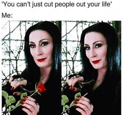 Morticia Addams cutting the top of a rose off