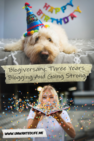 The picture is split in two with the top image being of a dog laying on a bed wearing a birthday hat. The bottom image being of a white woman blowing confetti out of a book. The two images are separated by the article title - Blogiversary: Three Years Blogging And Going Strong