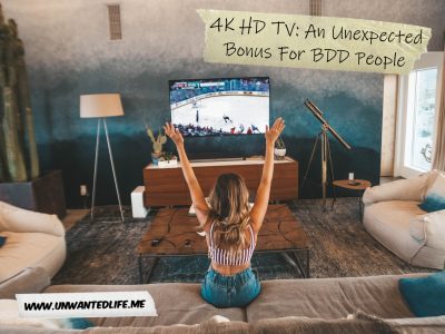 A photo of a white woman celebrating as she watches ice hockey on TV alone to represent the topic of the article - 4K HD: TV An Unexpected Bonus For BDD People