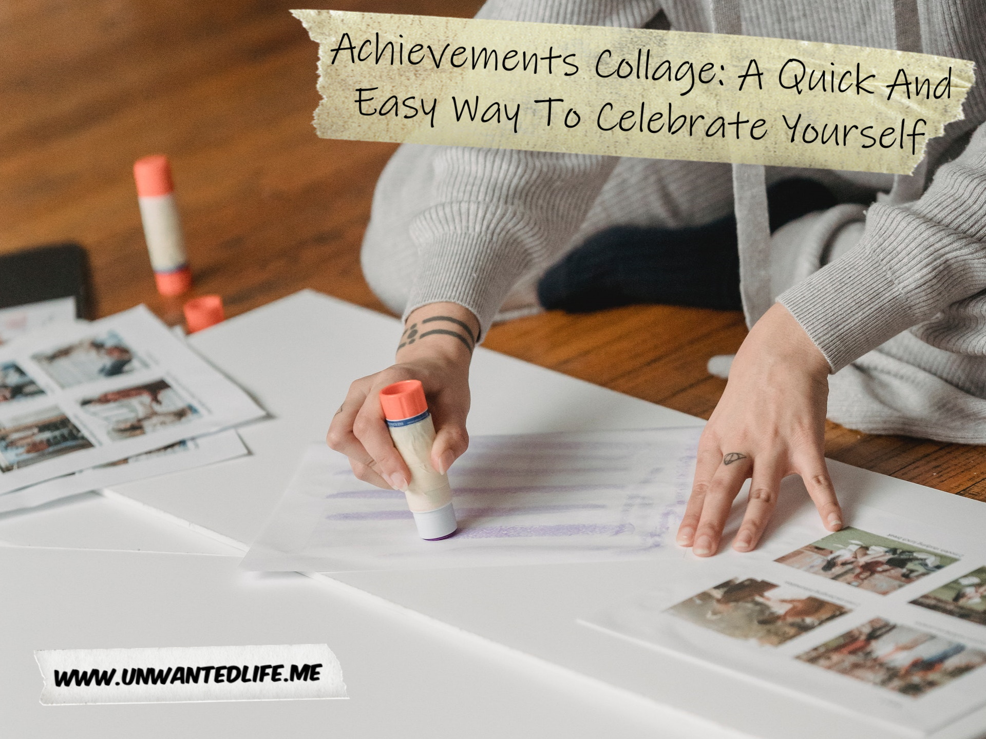 A photo of a white woman gluing pictures to whiteboard to represent the topic of the article - Achievements Collage A Quick And Easy Way To Celebrate Yourself