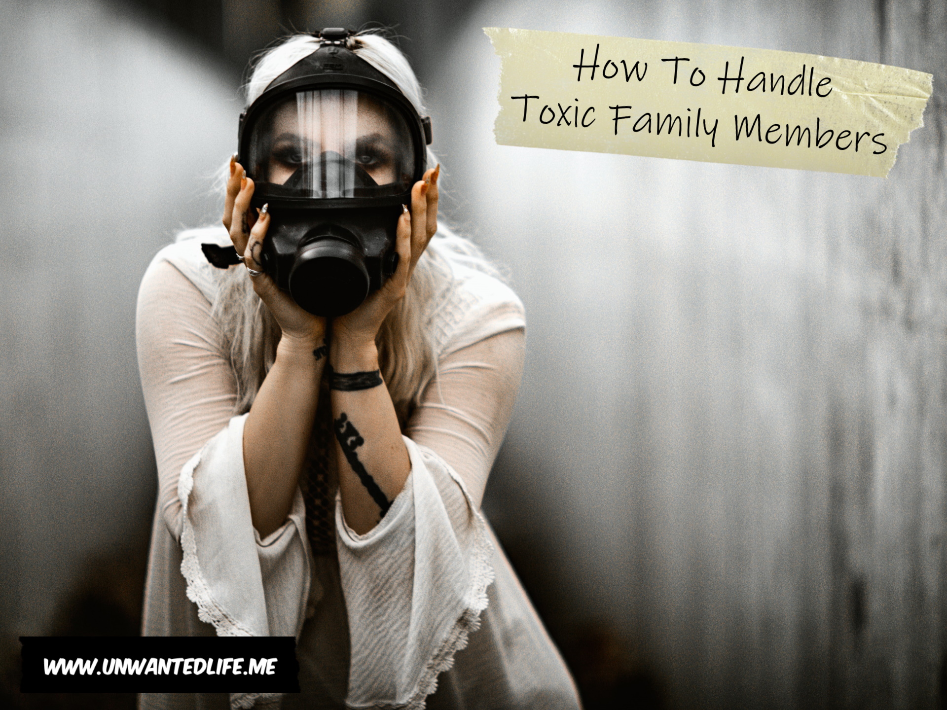A white women in white wearing a gas mask to represent the topic of the article - How To Handle Toxic Family Members
