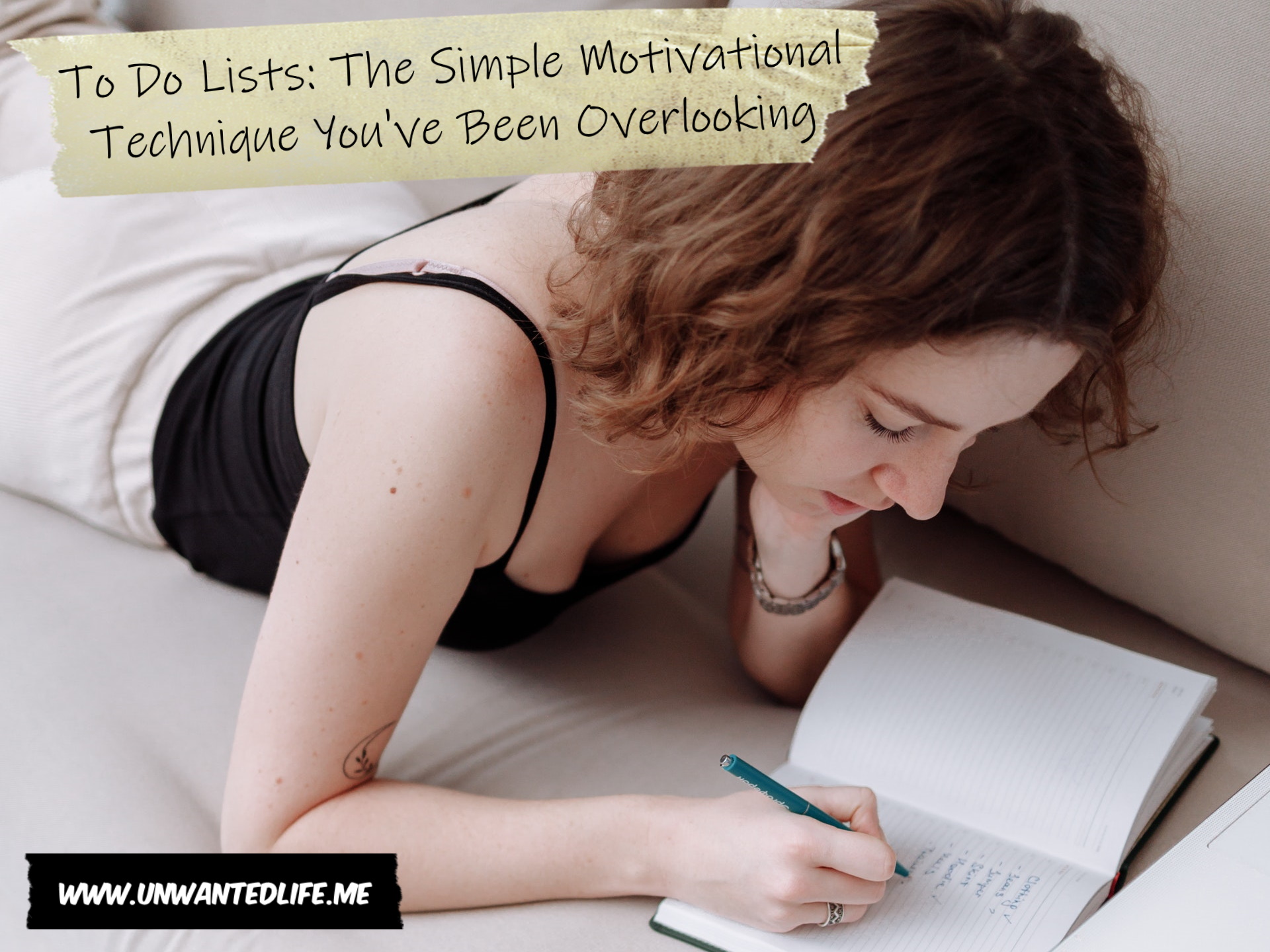 A photo of a white woman laying on the sofa writing out their to-do list in their journal to represent the topic of the article - To Do Lists: The Simple Motivational Technique You've Been Overlooking - Unwanted Life