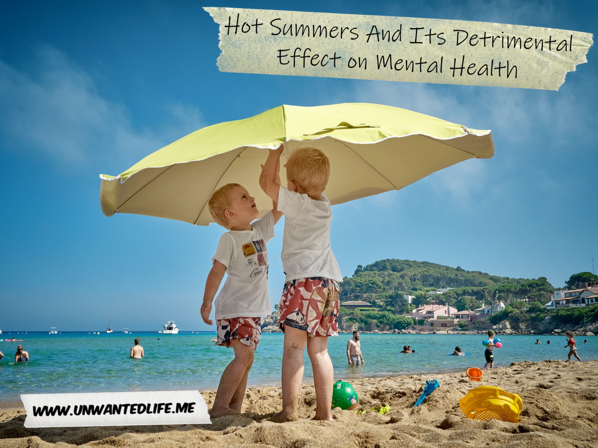 A photo of two White children at the beach putting up a parasol to represent the topic of the article - Hot Summers And Its Detrimental Effect on Mental Health