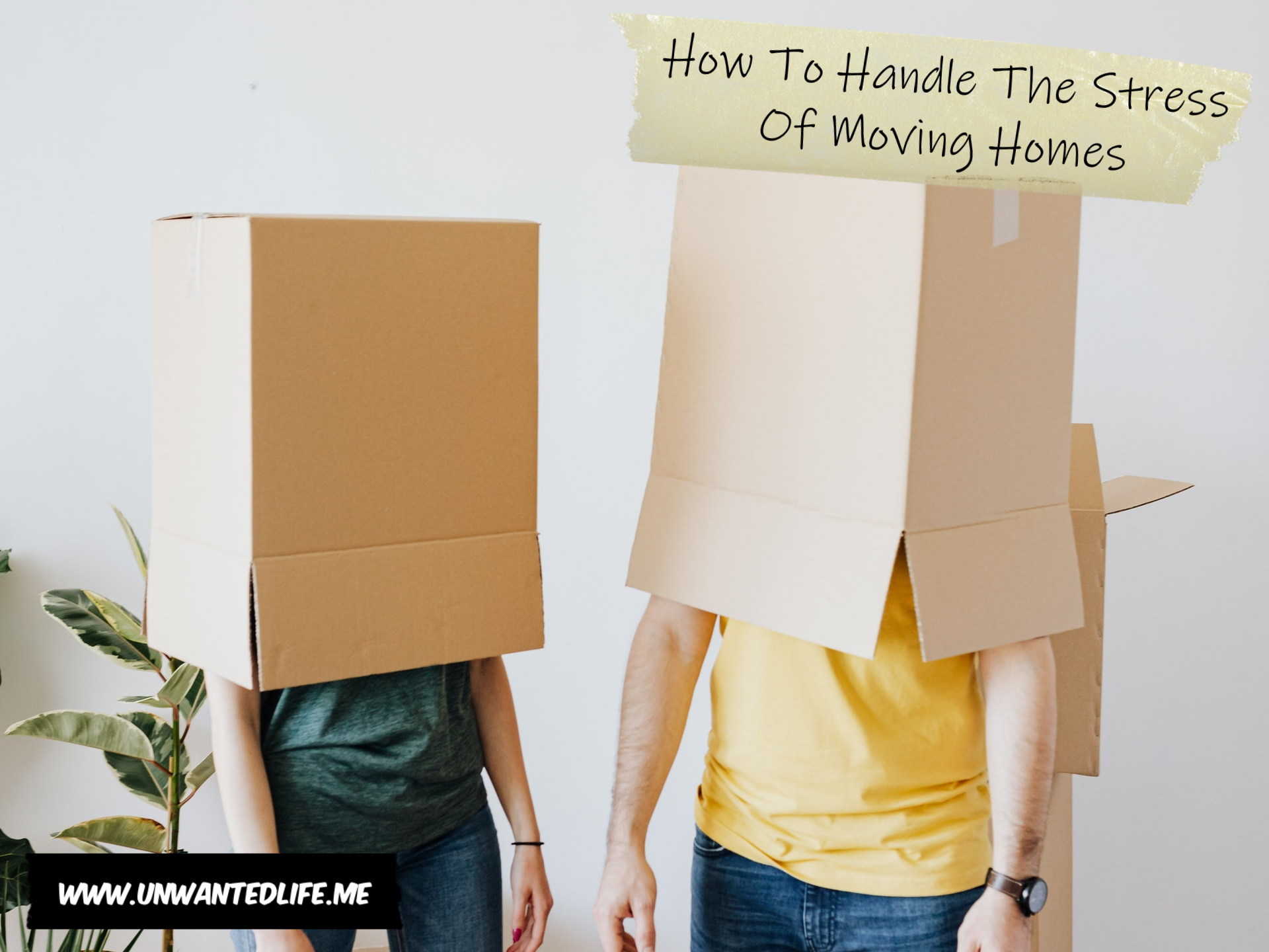 A photo of a White man and woman with moving boxes on their heads to represent the topic of the article - How To Handle The Stress Of Moving Homes