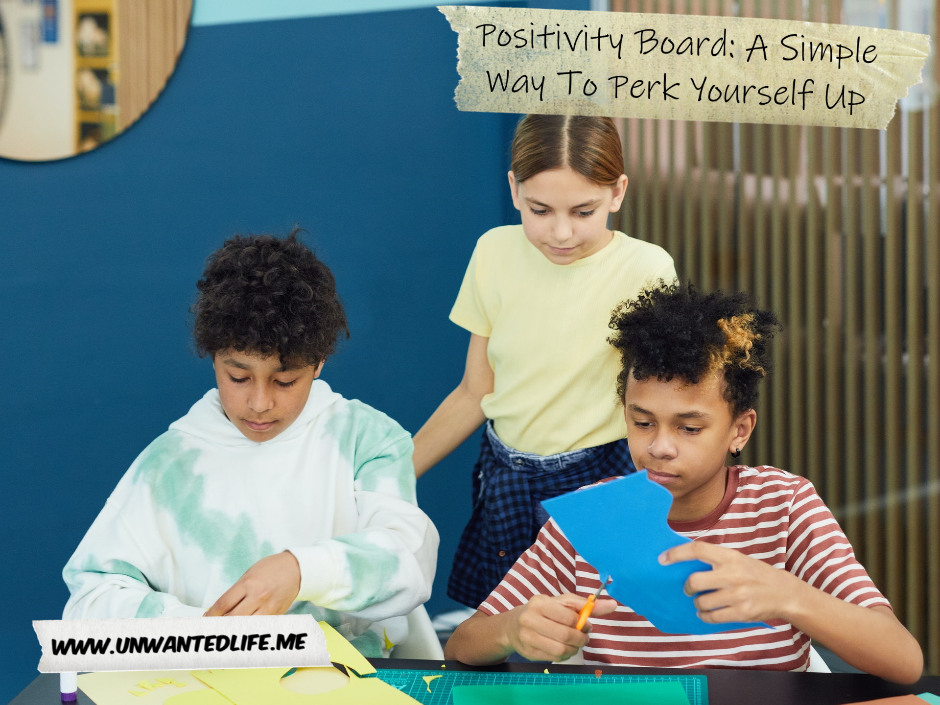 A photo of three children from different ethnic groups that are engaged in a crafting activity to represent the topic of the article - Positivity Board: A Simple Way To Perk Yourself Up