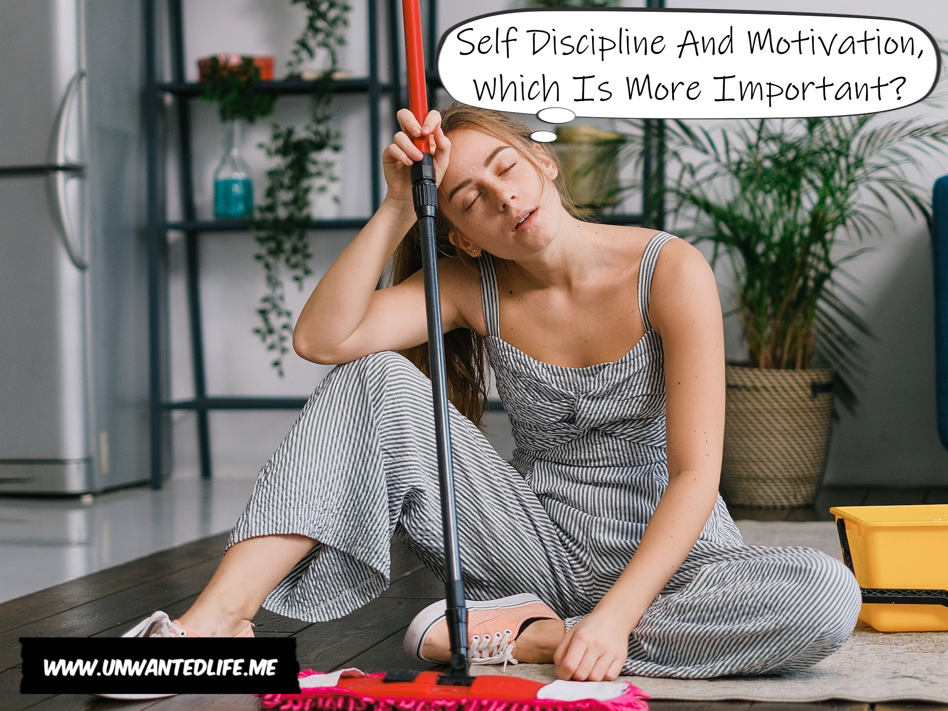 A photo of a White woman sitting on the floor looking unmotivated to clean the floor while holding a mob, to represent the topic of the article - Self Discipline And Motivation, Which Is More Important?