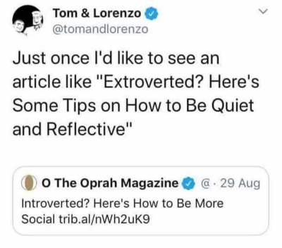 A screenshot of a tweet saying they'd like to see articles about extroverted people can read tips on how to be more introverted