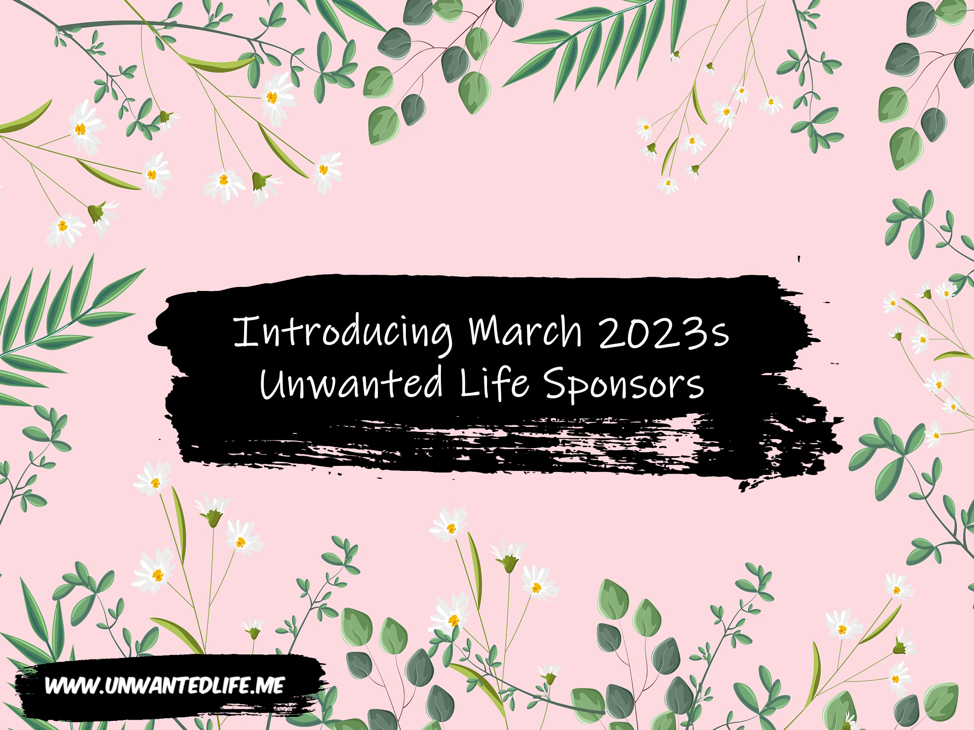 A pink background with a flower border and in the middle of the image is the title of the article - Introducing March 2023s Unwanted Life Sponsors