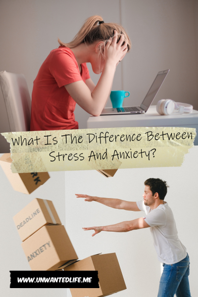 The picture is split in two, with the top image being of a White woman looking stressed leaning over their laptop. The bottom image being of a White man pushing over boxes labelled things like stress and anxiety. The two images are separated by the article title - What Is The Difference Between Stress And Anxiety?