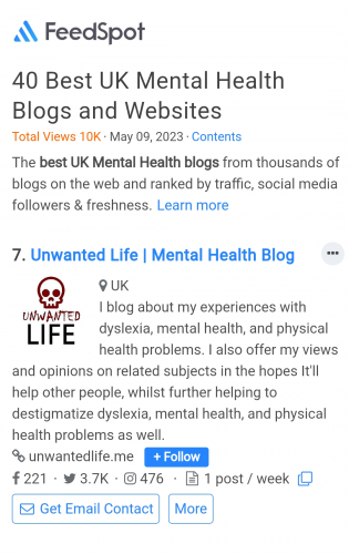 Top 40 - 7th - UK mental health blogger