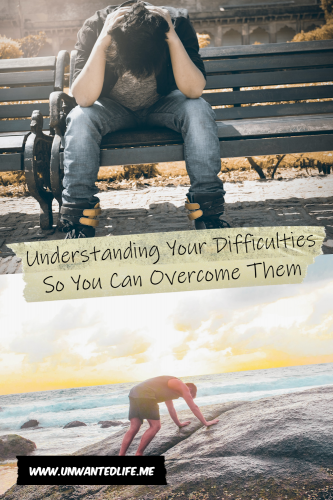 The picture is split in two, with the top image being of a White man siting on a park bench looking stressed. The bottom image being of a White man on all four on a rock at the beach. The two images are separated by the article title - Understanding Your Difficulties So You Can Overcome Them