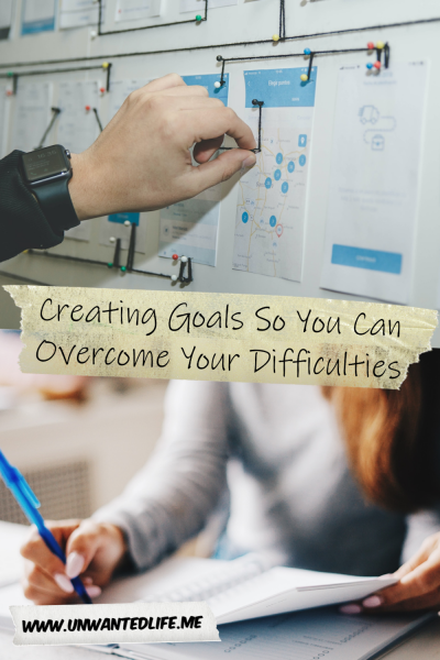 The picture is split in two, with the top image being of a White man making a plan. The bottom image being of a White woman writing out their goals in their journal. The two images are separated by the article title - Creating Goals So You Can Overcome Your Difficulties