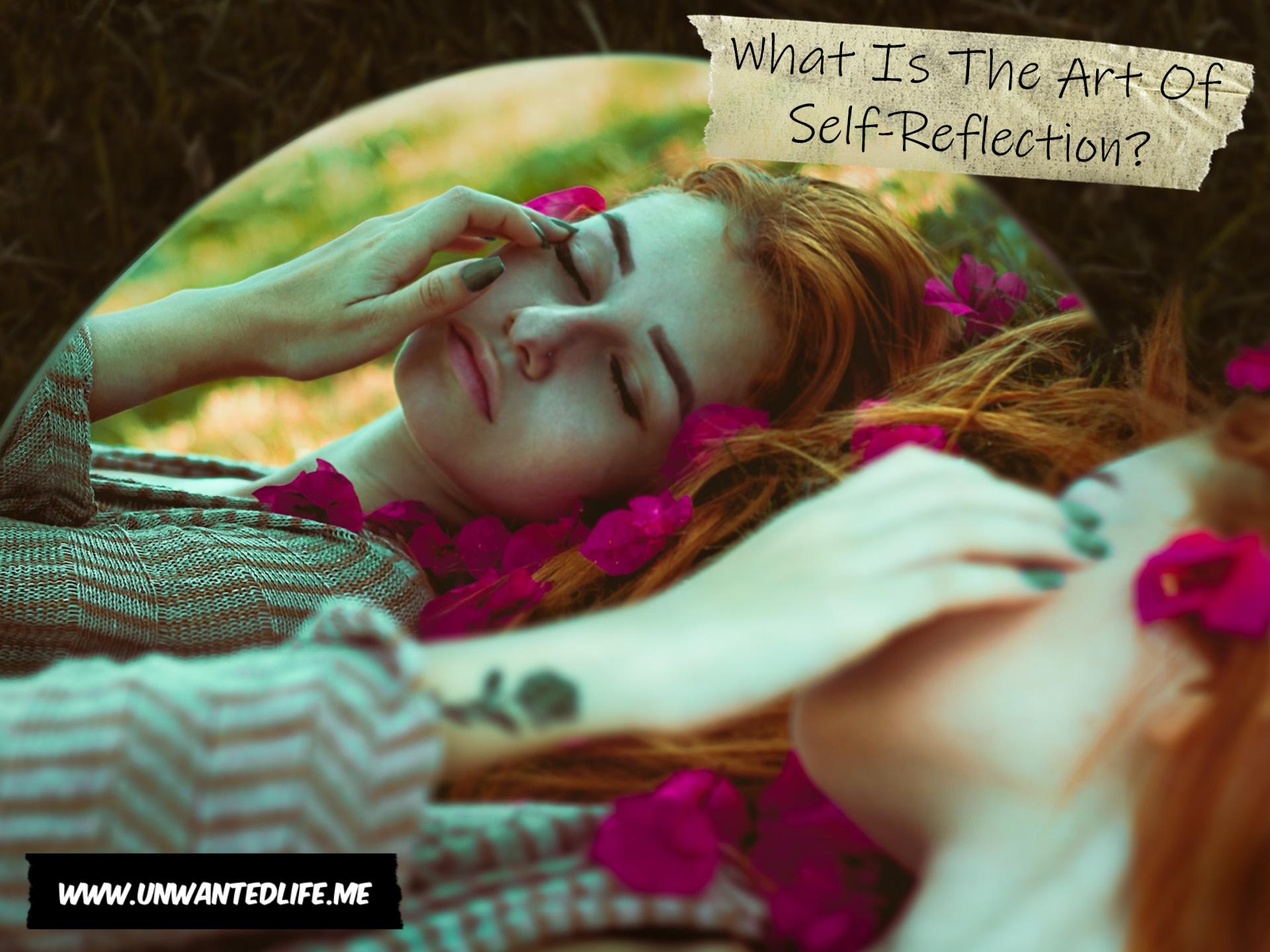 A photo of aWhite woman laying in a meadow with a reflection of her appearing in a mirror. The image represents the topic of the article - What Is The Art Of Self-Reflection?