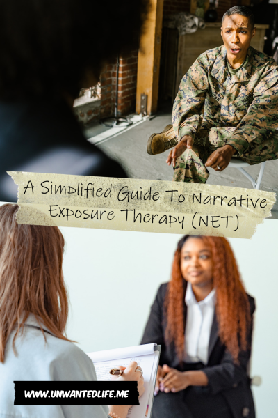 The picture is split in two, with the top image being of a Black soldier engaging in therapy. The bottom image being of a Black woman and her therapist having a session. The two images are separated by the article title - A Simplified Guide To Narrative Exposure Therapy (NET)
