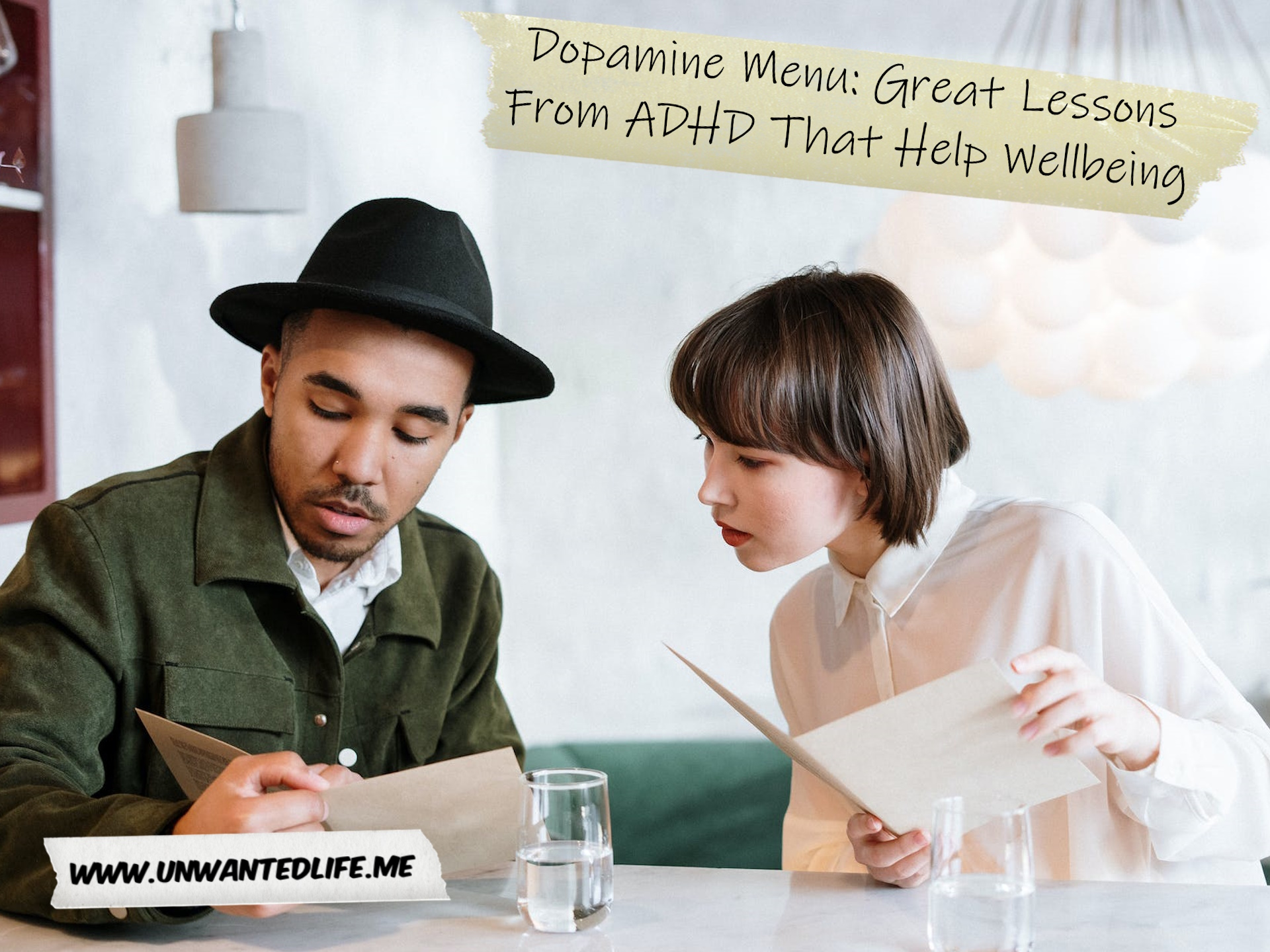 A photo of a man and woman looking at menus together to represent the topic of the article - Dopamine Menu: Great Lessons From ADHD That Benefit Wellbeing