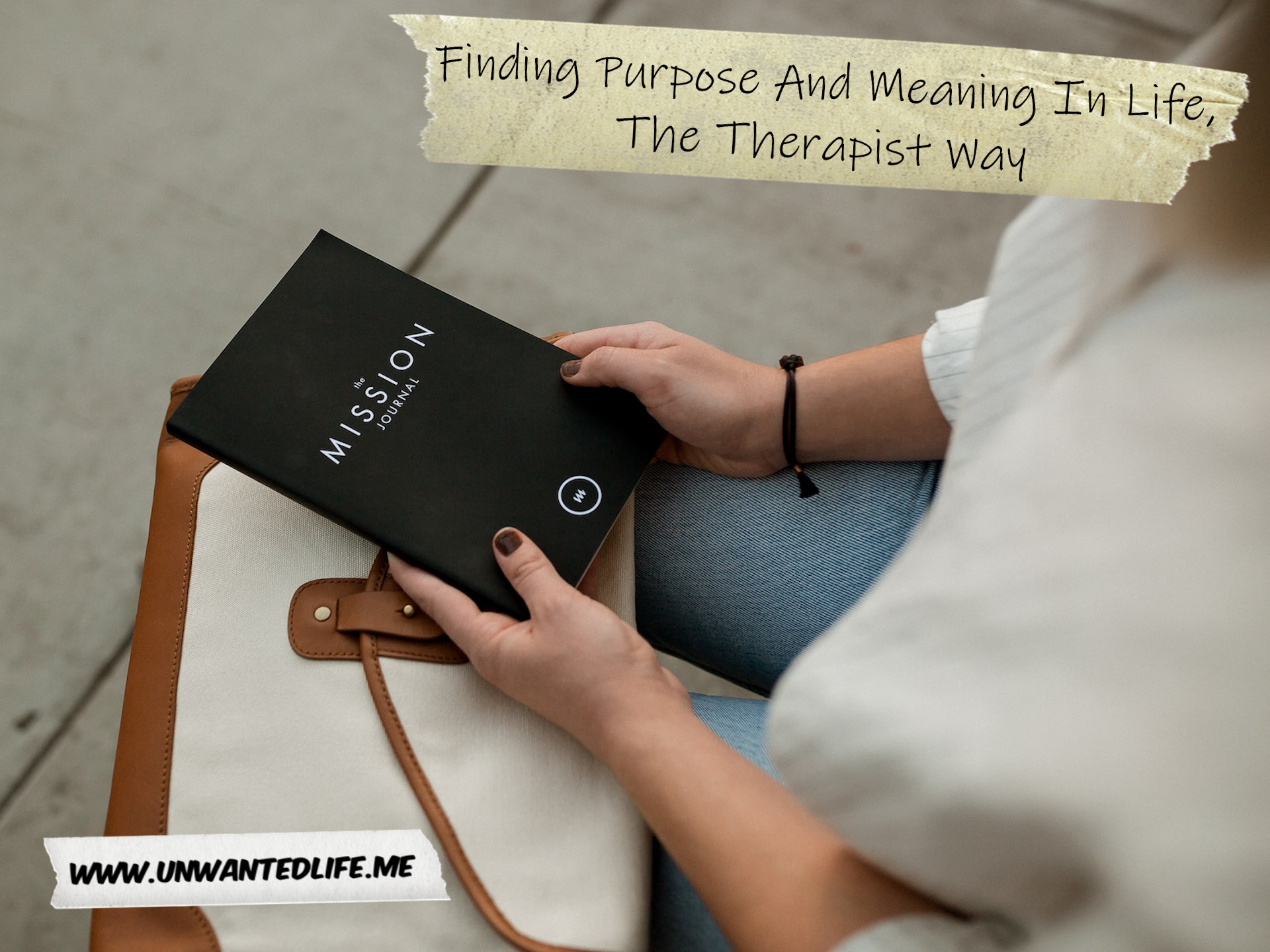 An image of a woman with "The Mission Journal" journal in her lap to represent the topic of the article - Finding Purpose And Meaning In Life, The Therapist Way