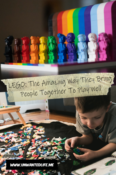 The picture is split in two, with the top image being of the LGBTQIA+ inspired "Everyone Is Awesome" Lego set. The bottom image being of a White child building a Lego set. The two images are separated by the article title - LEGO: The Amazing Way They Bring People Together To Play Well
