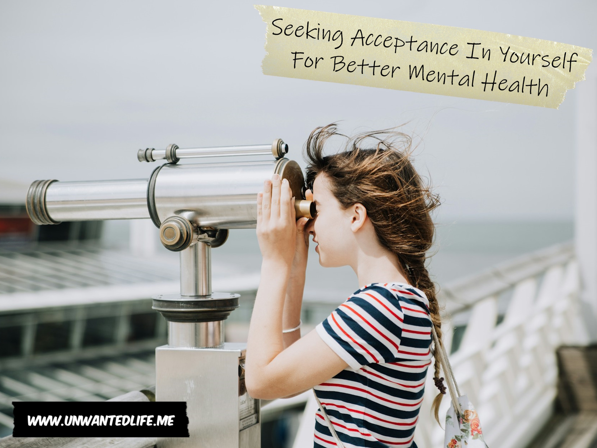 A photo of a White woman looking through a set of tourist binoculars to represent the topic of the article - Seeking Acceptance In Yourself For Better Mental Health