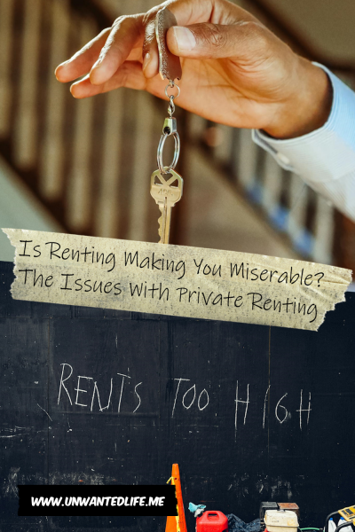 The picture is split in two, with the top image being of a Black person's hand holding a house key. The bottom image being of a graffiti that says "Rents Too High". The two images are separated by the article title - Is Renting Making You Miserable? The Issues With Private Renting