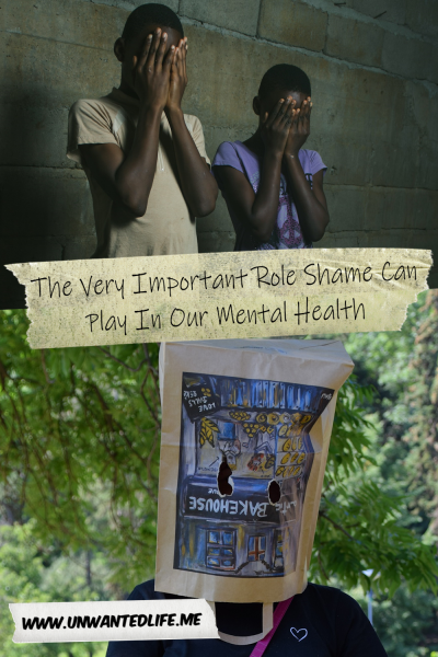 The picture is split in two, with the top image being of a two Black children standing with their hands covering their face in shame. The bottom image being of a someone standing with a paper bag on their head. The two images are separated by the article title - The Very Important Role Shame Can Play In Our Mental Health