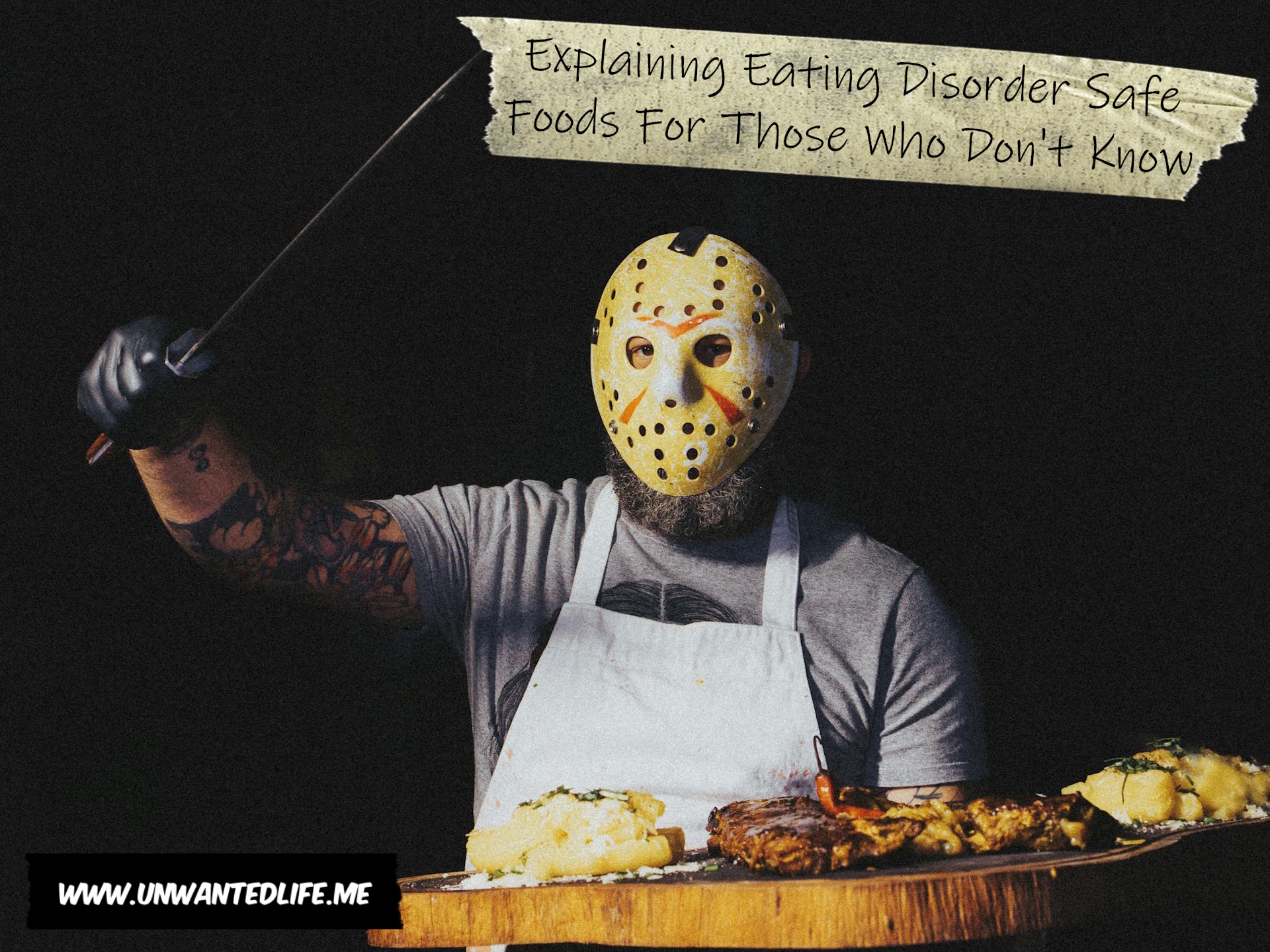 A person carry a plate of food wearing a Jason Voorhees ice skating hockey mask and wielding a machete to represent the topic of the article - Explaining Eating Disorder Safe Foods For Those Who Don't Know