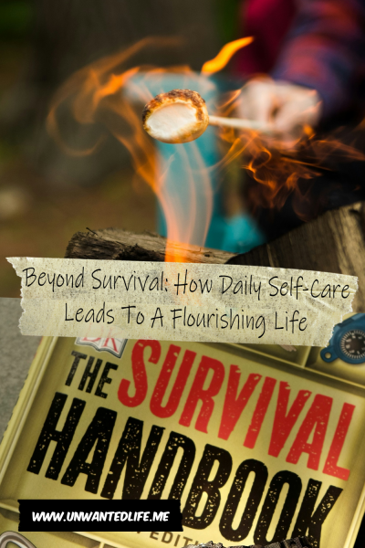 The picture is split in two, with the top image being of a someone toasting a marshmallow over a campfire. The bottom image being of a survival book cover. The two images are separated by the article title - Beyond Survival: How Daily Self-Care Leads To A Flourishing Life
