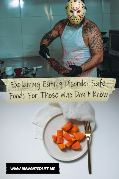 The picture is split in two, with the top image being of a a person preparing meat in a kitchen while wearing a Jason Voorhees ice skating hockey mask. The bottom image being of a plate of diced sweet potato chunks. The two images are separated by the article title - Explaining Eating Disorder Safe Foods For Those Who Don't Know