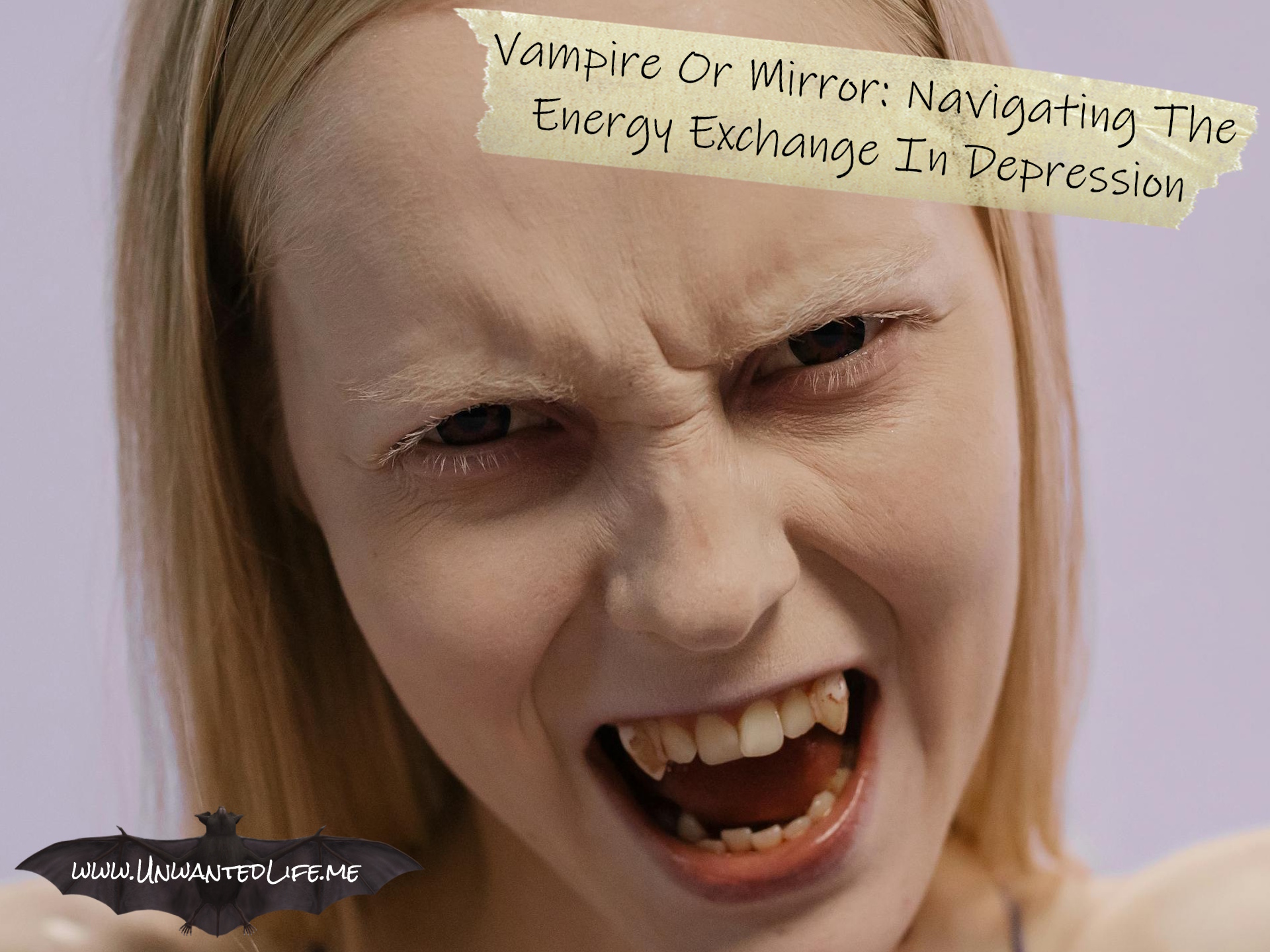 A photo of a blonde White woman with bloody vampire fangs to highlight the topic of the article - Vampire Or Mirror: Navigating The Energy Exchange In Depression