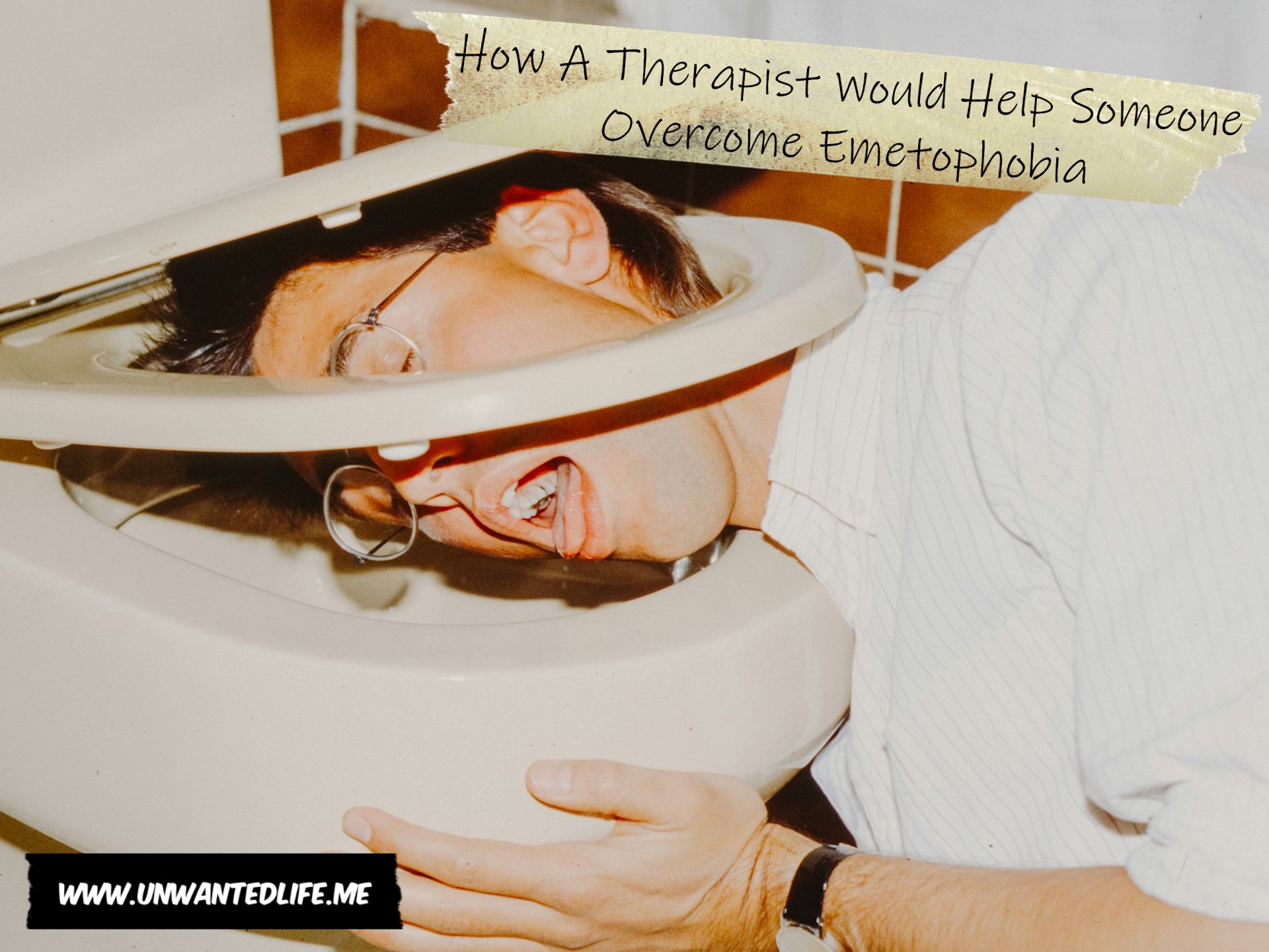 A photo of someone pretending to be sick, with their head in-between the toilet bowl and the toilet seat to represent the topic of the article - How A Therapist Would Help Someone Overcome Emetophobia