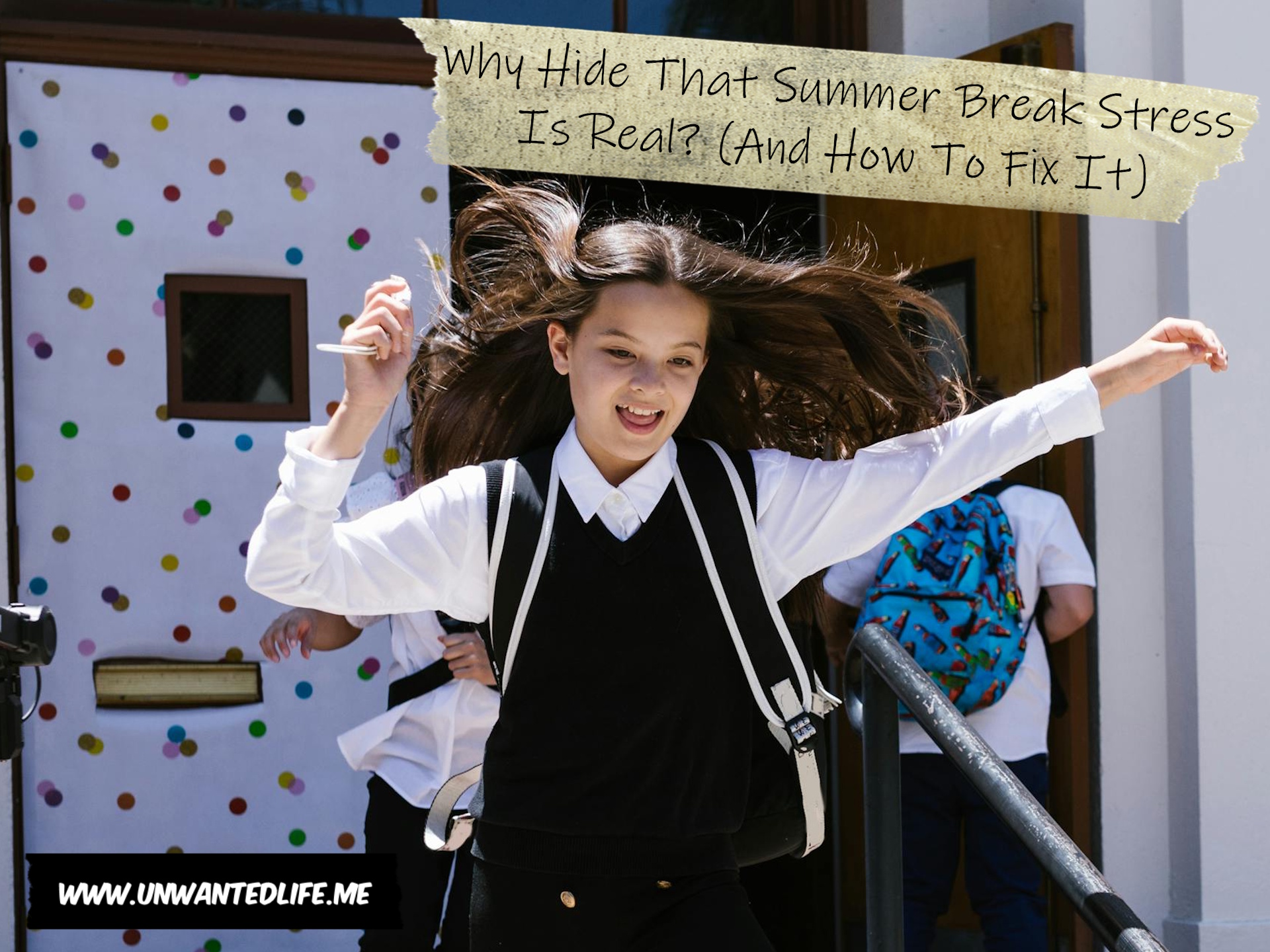 A photo of a girl jumping for joy as they leave school to represent the topic of the article - Why Hide That Summer Break Stress Is Real? (And How To Fix It)