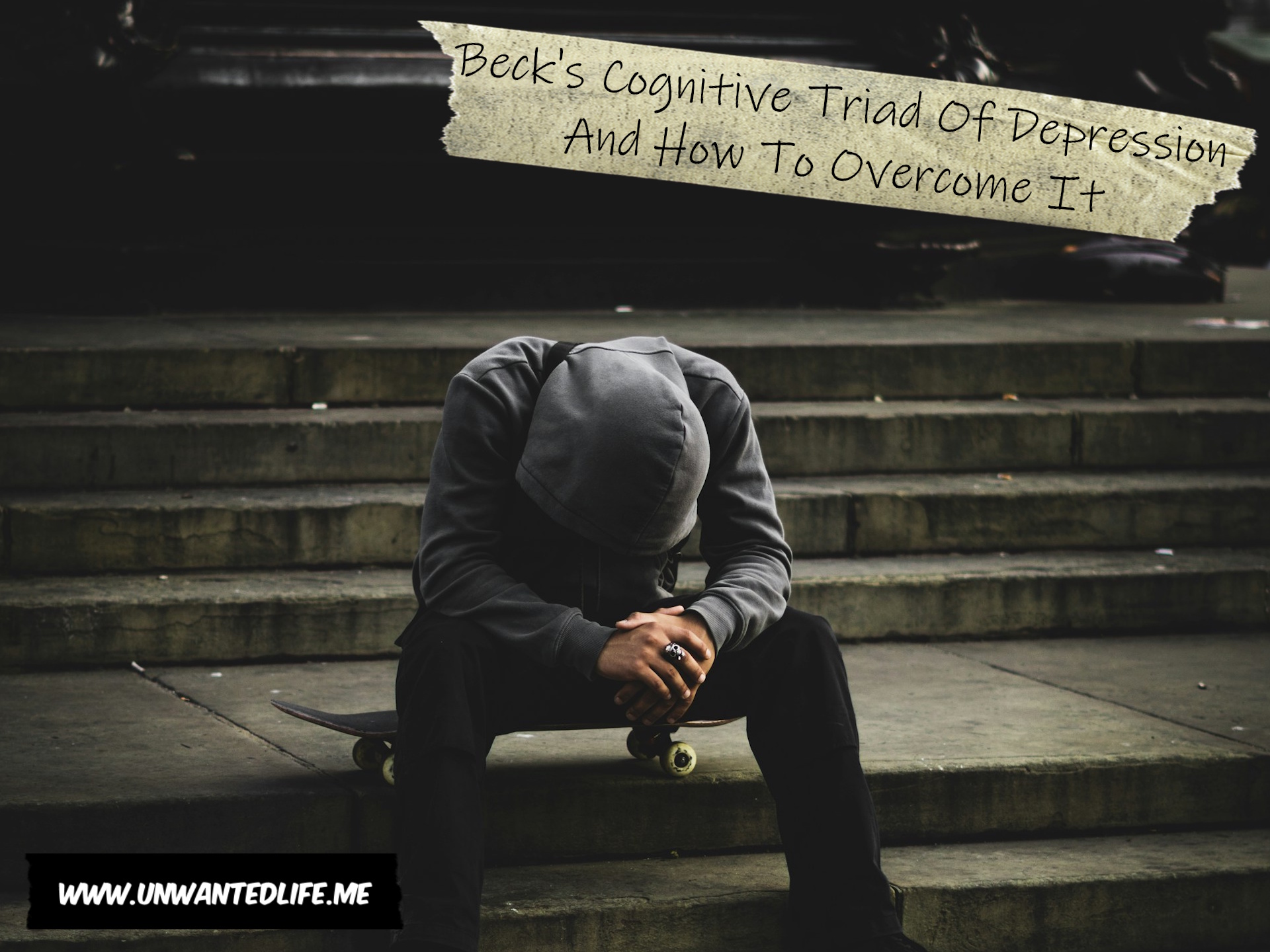 An image of someone sitting on their skateboard on a stairs, looking depressed to represent the topic of the article - Beck's Cognitive Triad Of Depression And How To Overcome It